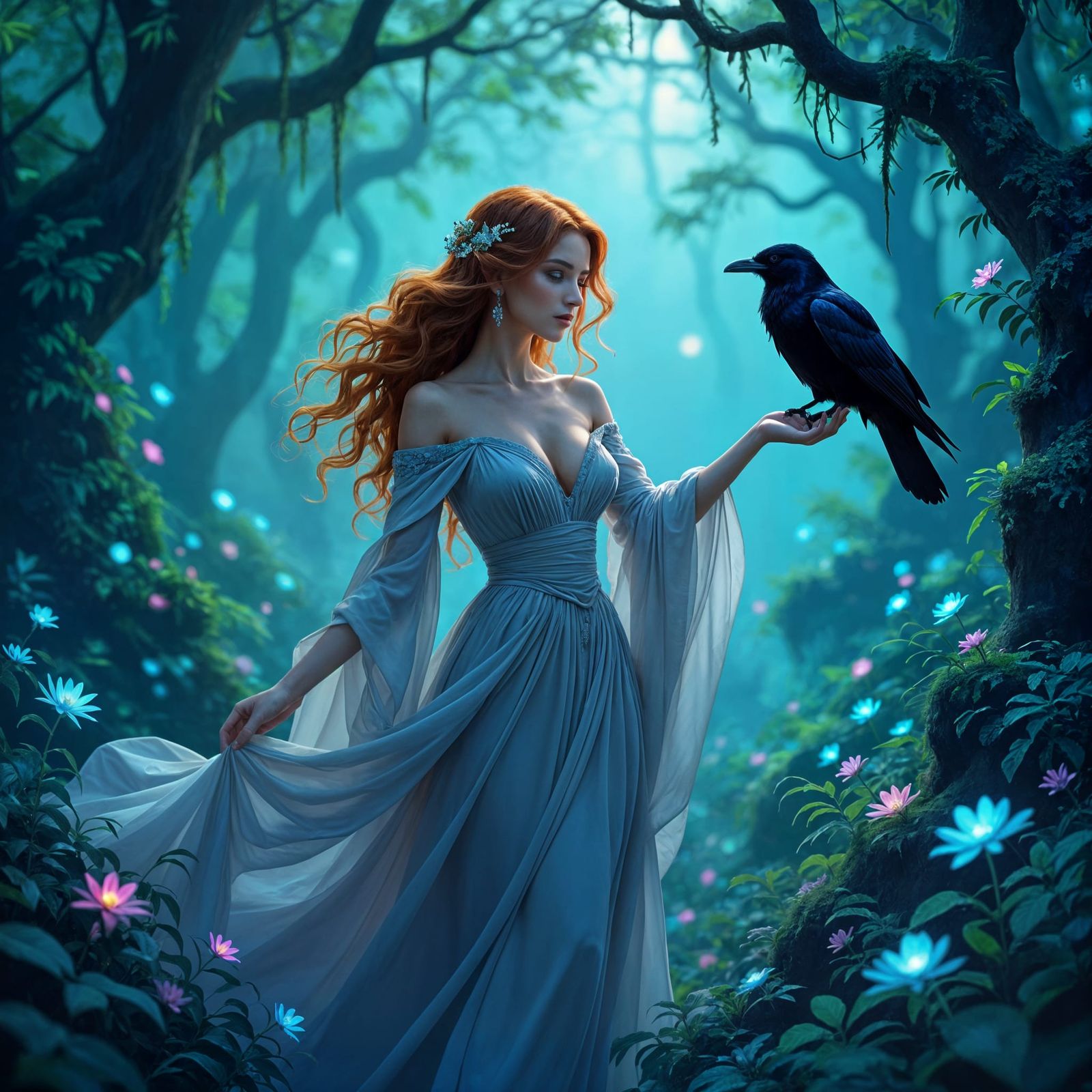 Enchanted Auburn Lady in Bioluminescent Forest