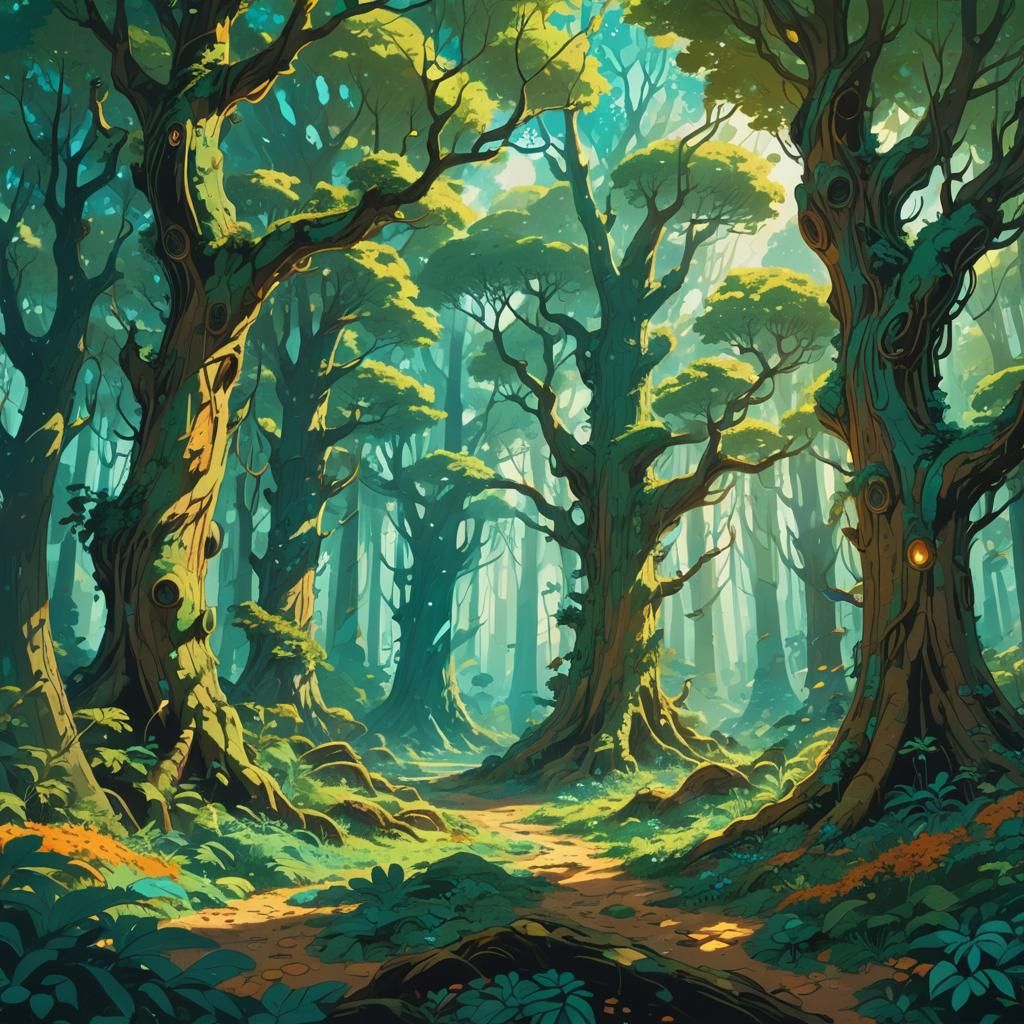 Whimsical Lush Fantasy Forest in Vibrant Emerald Hues