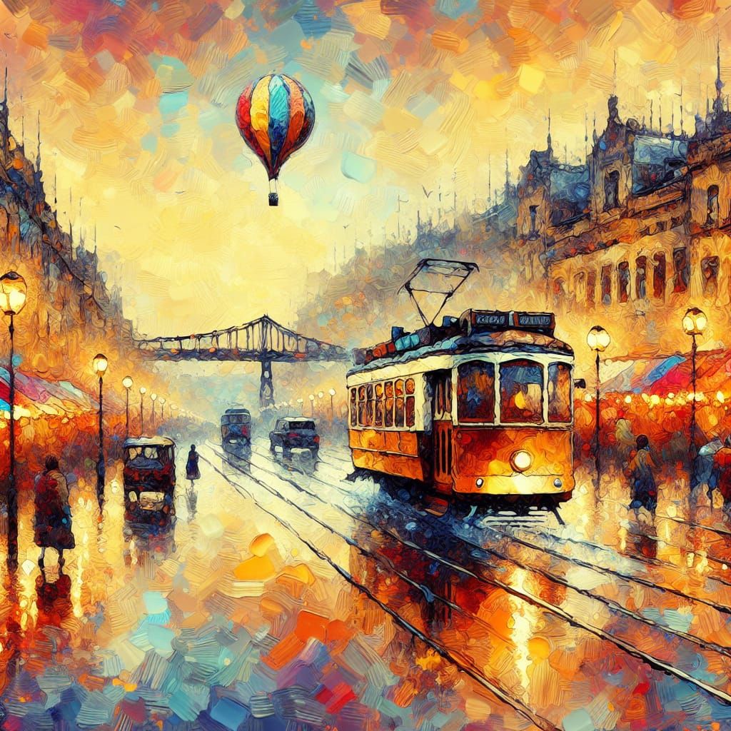 Spring Cityscape with Trams in Oriental Impasto Style