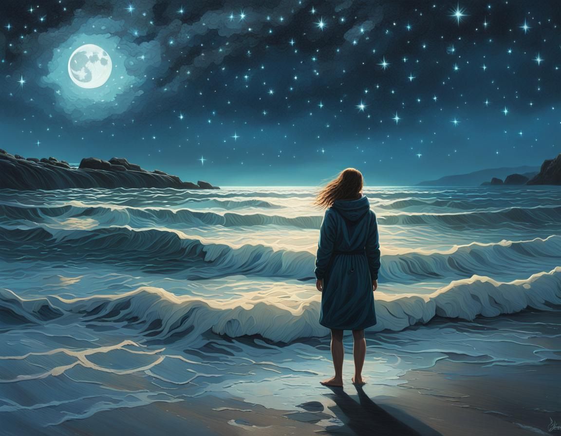 Prismatic Woman at Fantastical Nighttime Seashore