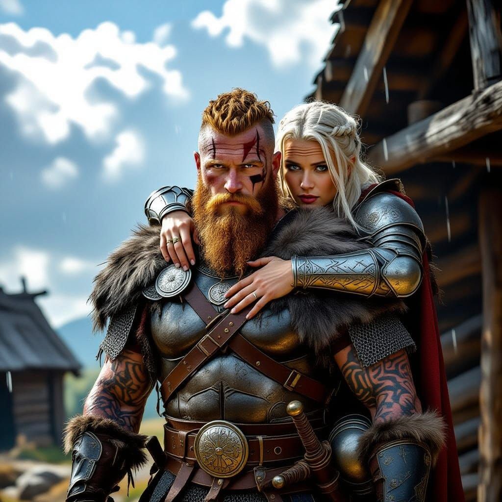 Viking Warrior Rescues Shield Maiden in Dramatic Light