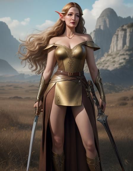 Photo Realistic, Female, Blonde, Half-Elf, Gold and Brown outfit