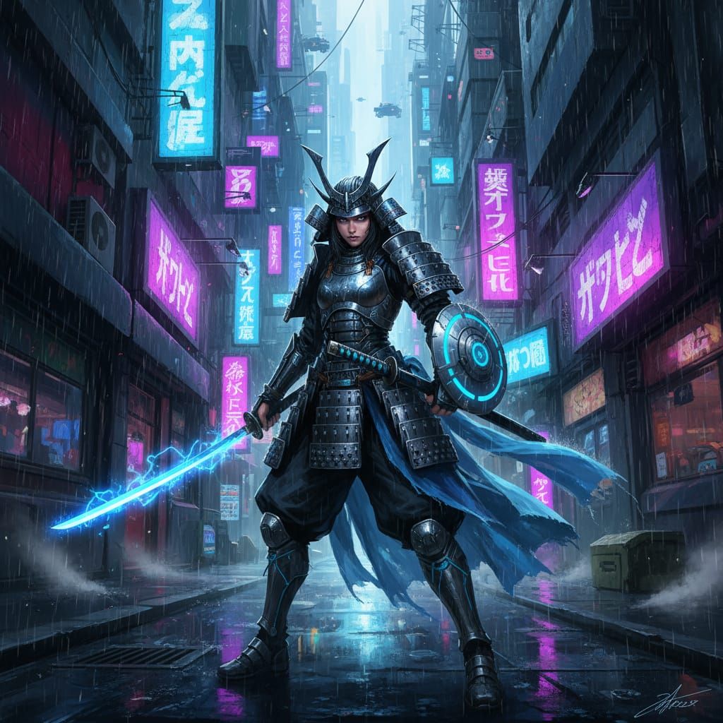 Cyberpunk Samurai Warrior in Neon City Alley