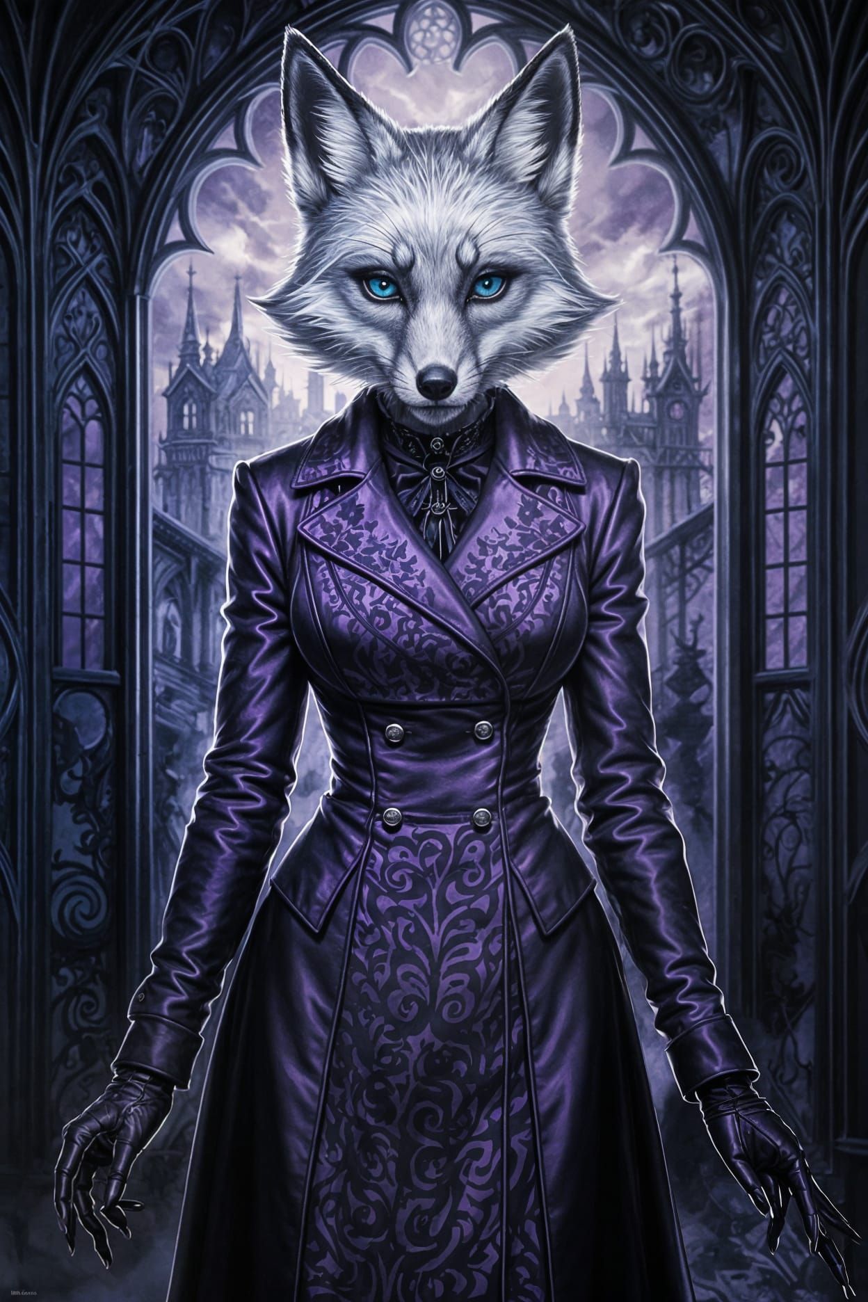 Gothic Elegance: Silver Fur in a Lavish Double-Breasted Coat...