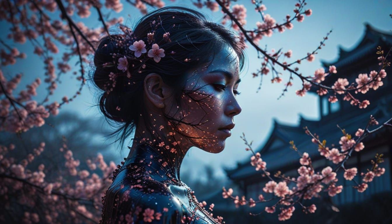 Dreamlike Japanese Dusk Double Exposure Portrait