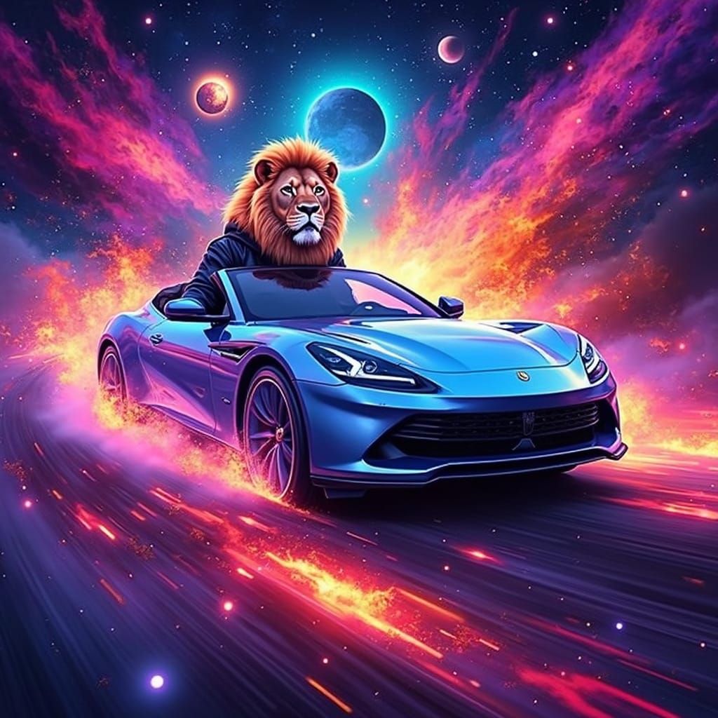 Lion Driver Races Supercar Through Neon Galaxy
