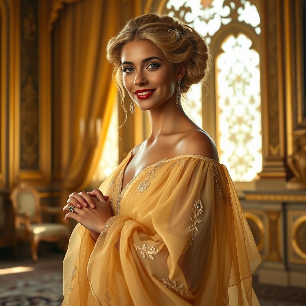 Regal Queen in Golden Chiffon Dress, Pre-Raphaelite Style
