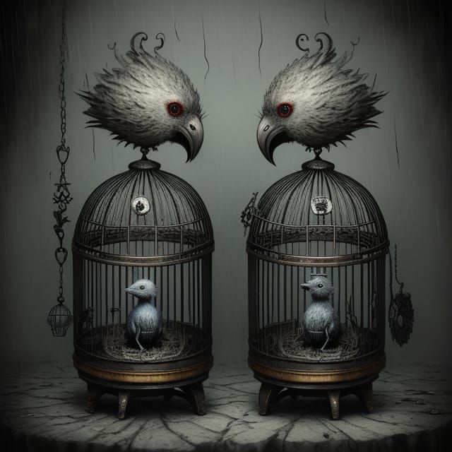 Surreal Birdcage with Emu and Rabbits, Pop Surrealism Style