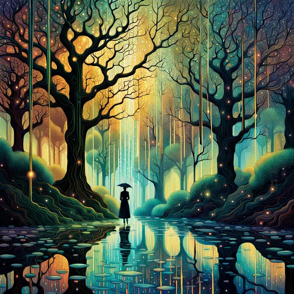 Iridescent Rainstorm in Forest Clearing