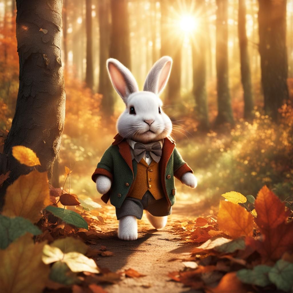 Hobbit-Style Bunny in Forest Scene