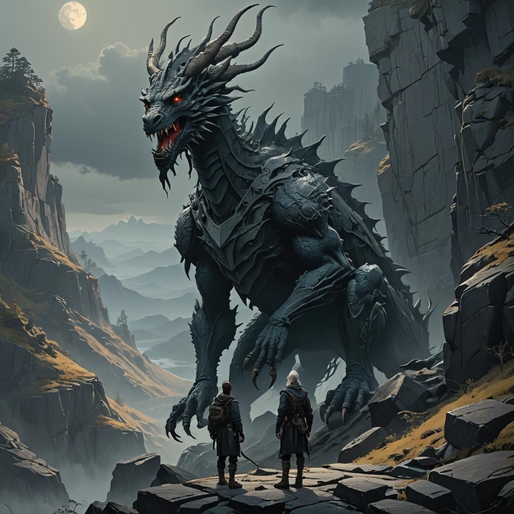 Dragon-like Being on Cliff in Dark Fantasy Art