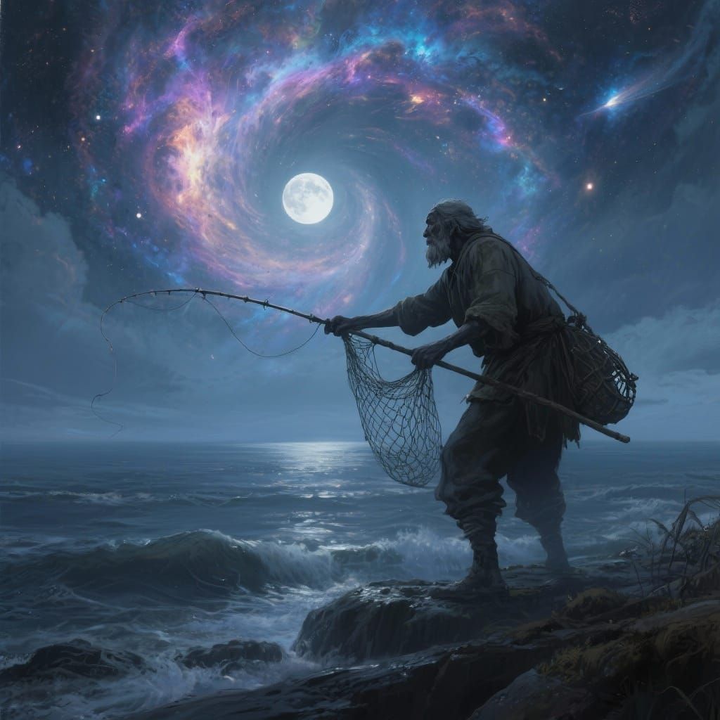 Fisherman Casting Net into Cosmic Vortex Above Moonlit Ocean