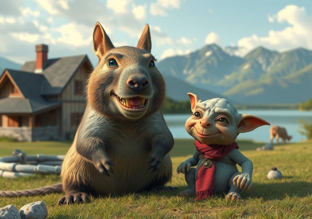 Grinning capybara plays with a cheeky goblin