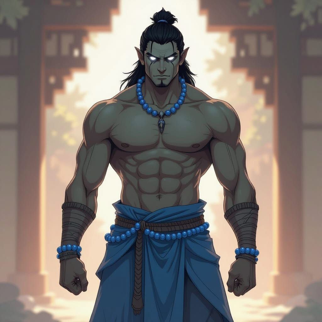 Half-Orc Warrior with Glowing Eyes in Anime Style