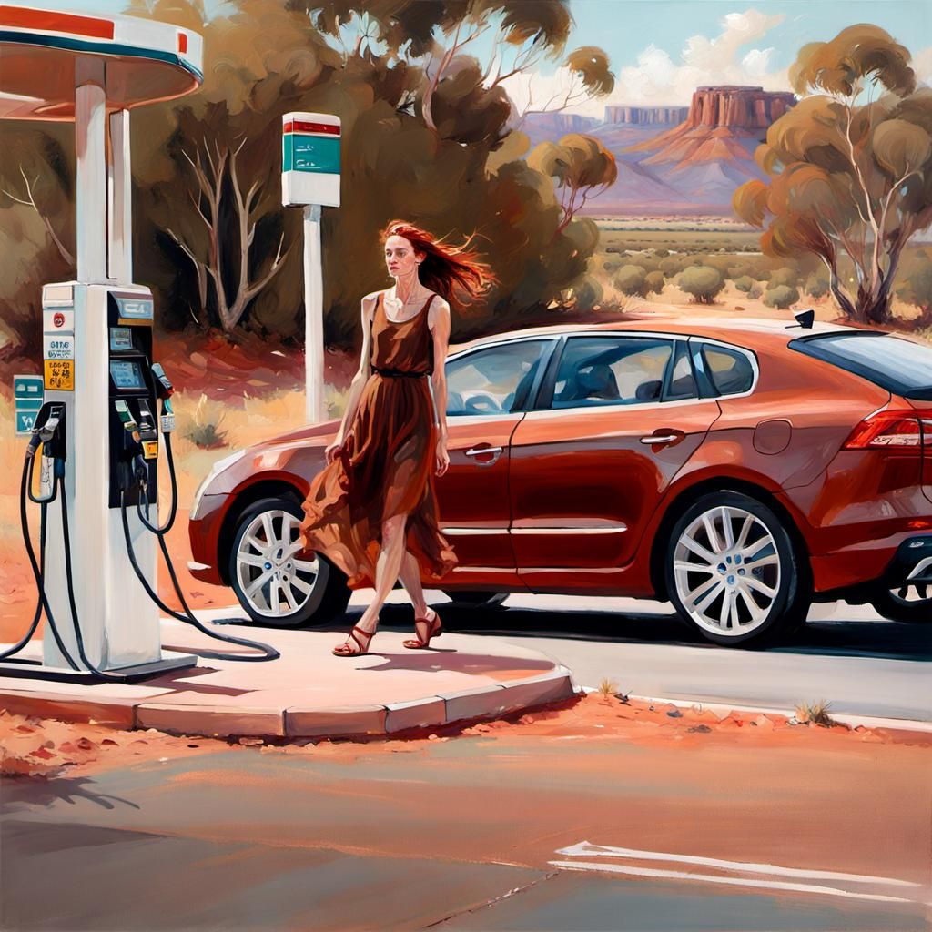 Woman at Outback Petrol Station: Hyperrealistic Acrylic Pain...