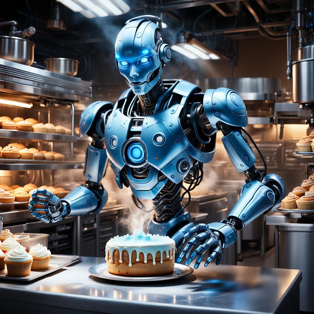 Cyborg Pastry Chef in Bustling Bakery Concept Art