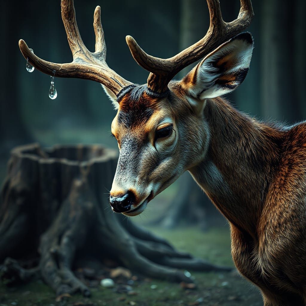 Majestic Deer in Sorrowful Portrait, Mourns Lost Tree