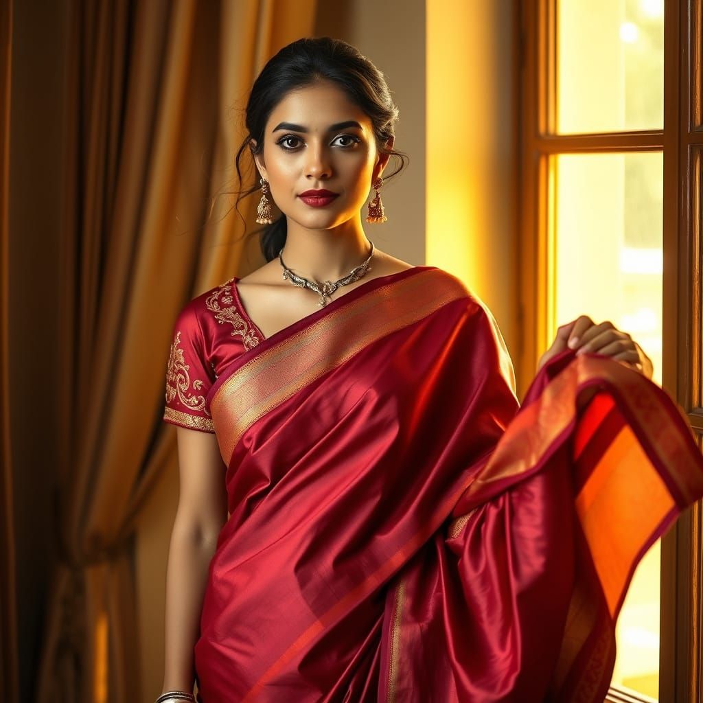 Graceful Indian Woman in Silk Sari with Golden Light
