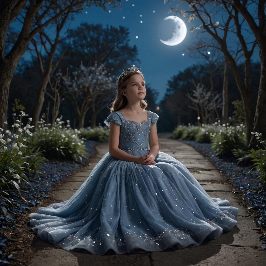 Moonlit Girl in Blue Gown with Star Crown