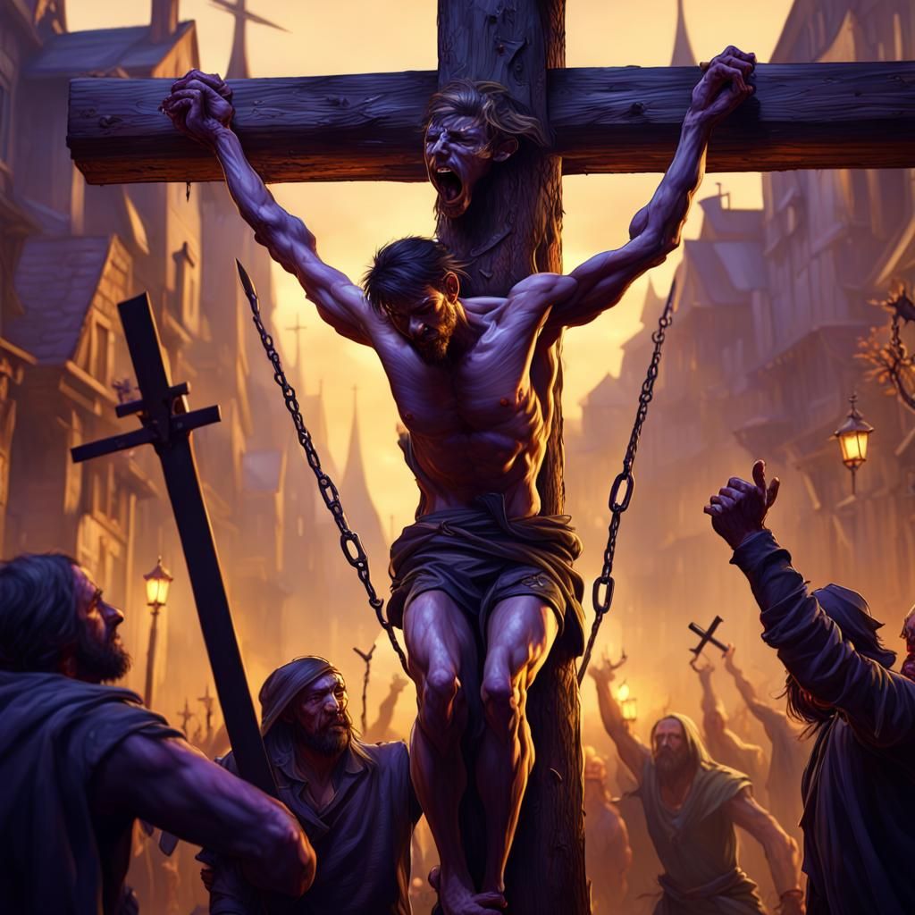 Crucified Thieves Before an Angry Mob: Dark Fantasy Art