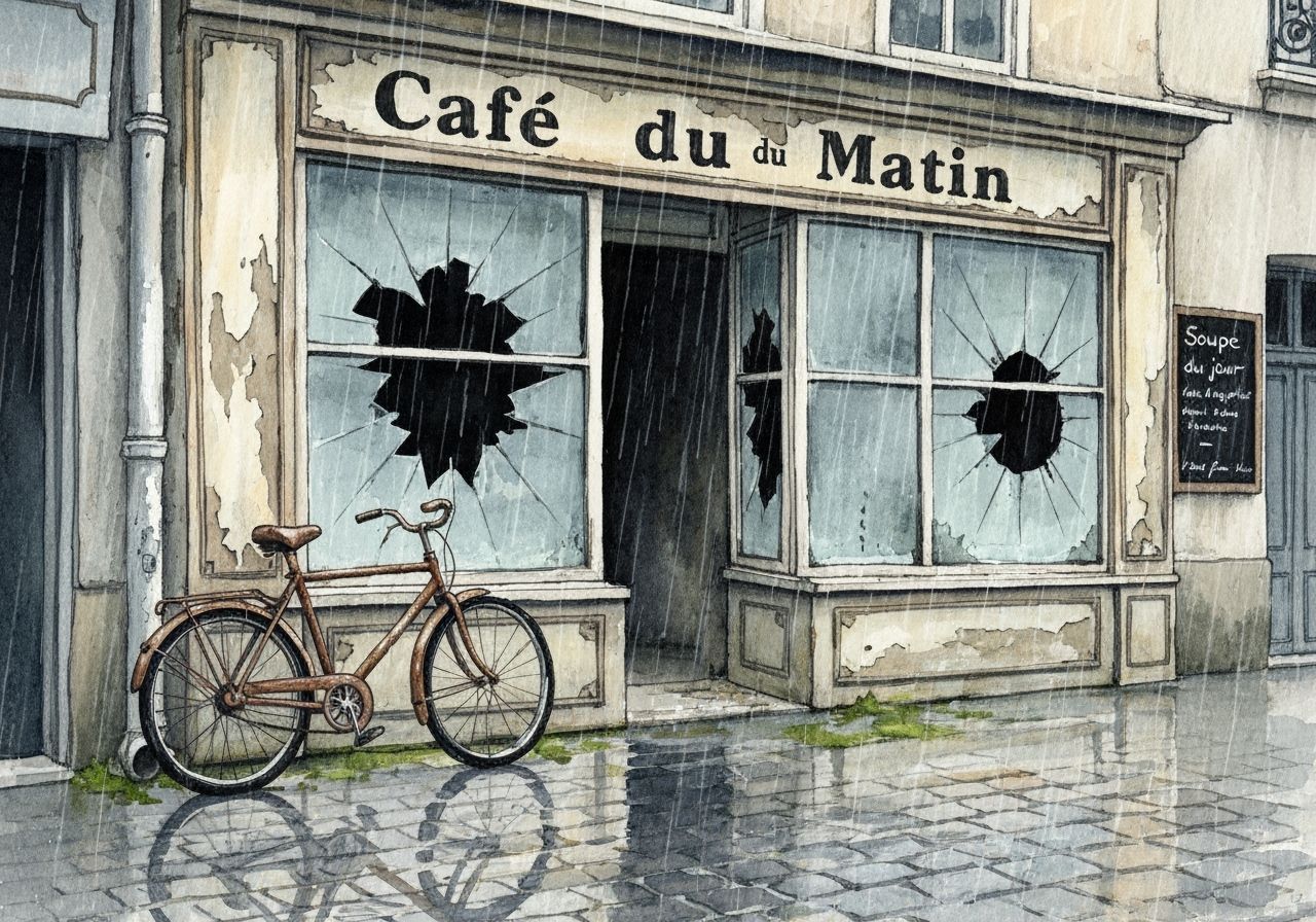 Melancholy Abandoned Cafe in Autumn Rain Watercolor