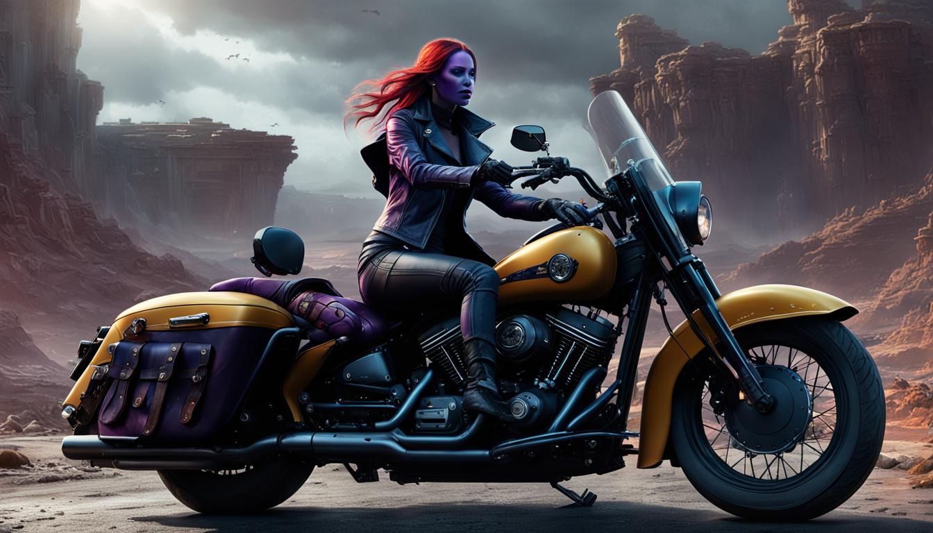 Mystique on Motorcycle in Apocalyptic Landscape