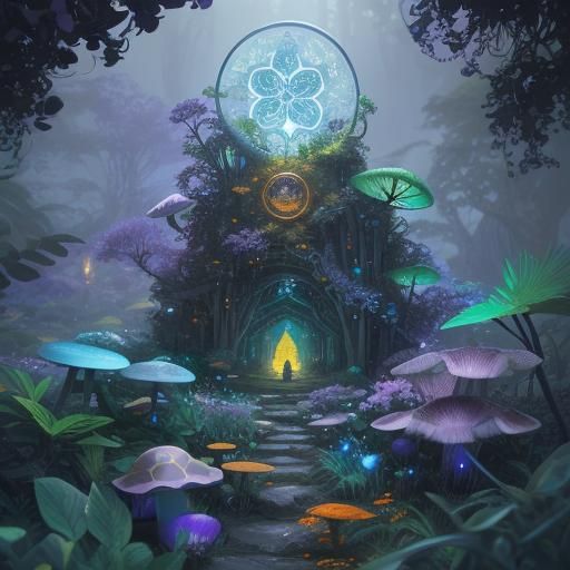 Geometric Crystal Mandala in a Magical Landscape