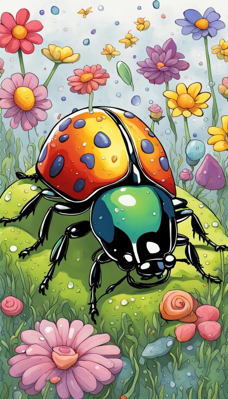 A Beetle's Colorful Rainy Day Perspective