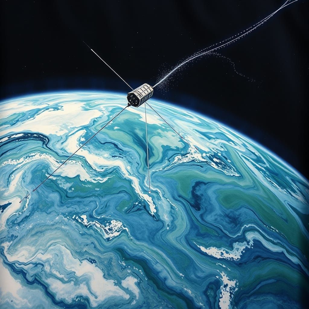 Satellite Orbits Earth in Ethereal Ink Bleed Style
