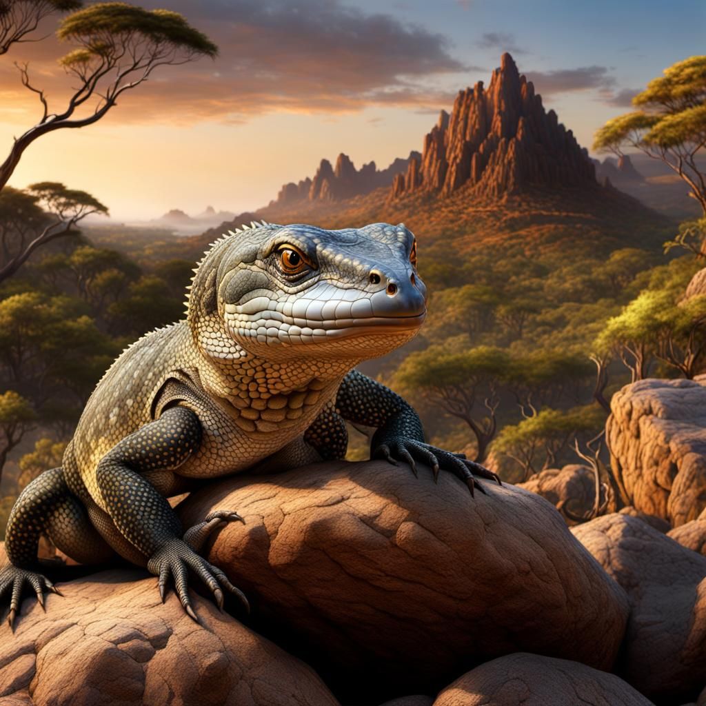 Perentie Lizard on Rock in Australian Landscape