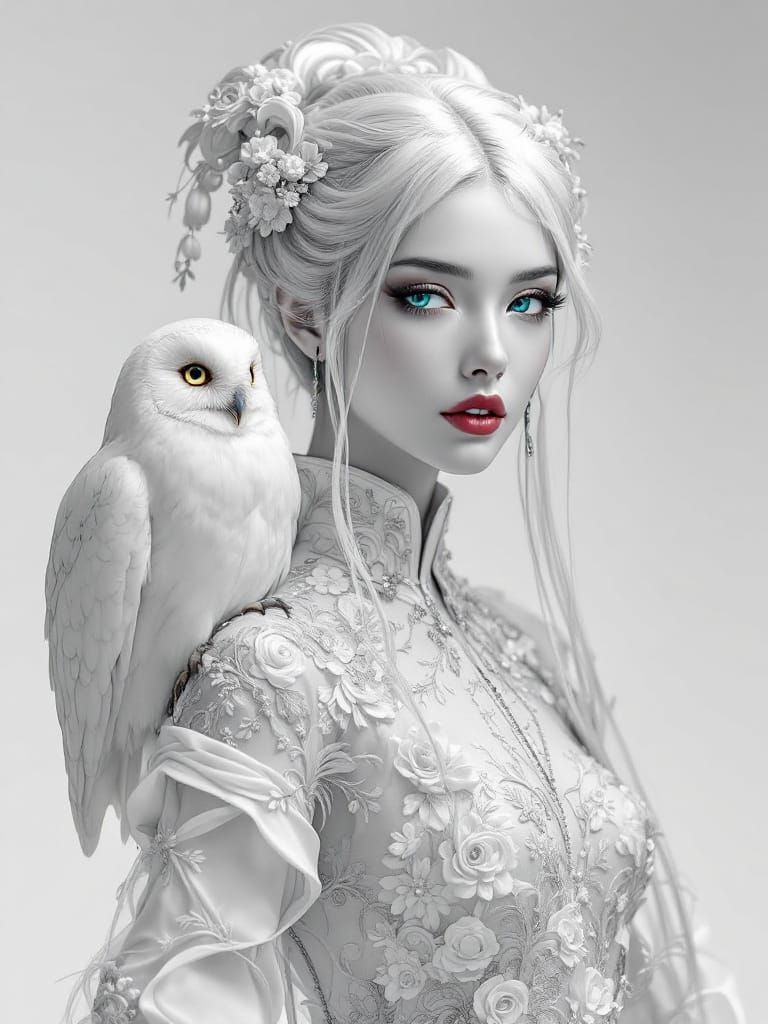 Regal Ice Queen Portrait With Red Lips and Cyan Eyes