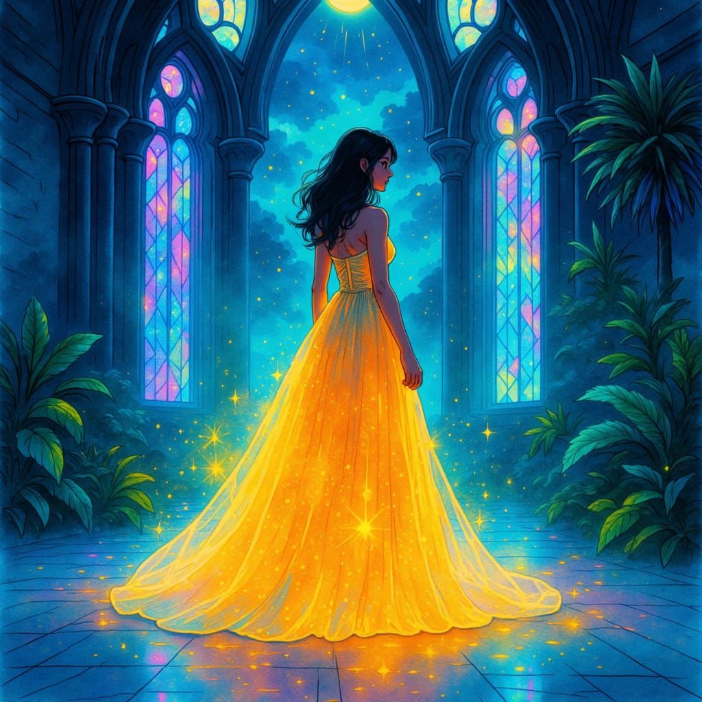 Crystal Dress in Moonlit Cathedral Anime Style