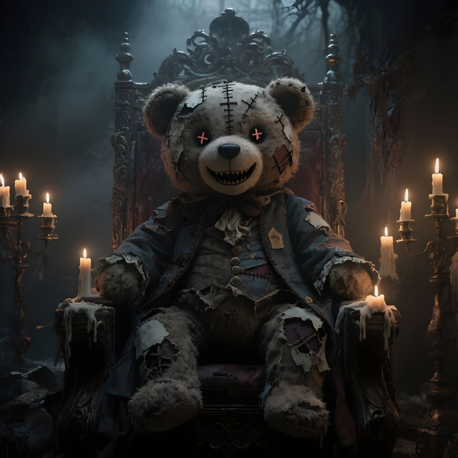 Gothic Teddy Bear with Cross Eyes and Evil Grin