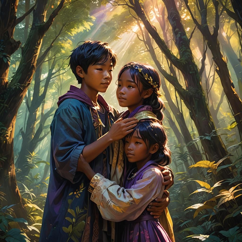 Children Embrace in Ethereal Forest, Gongbi Style