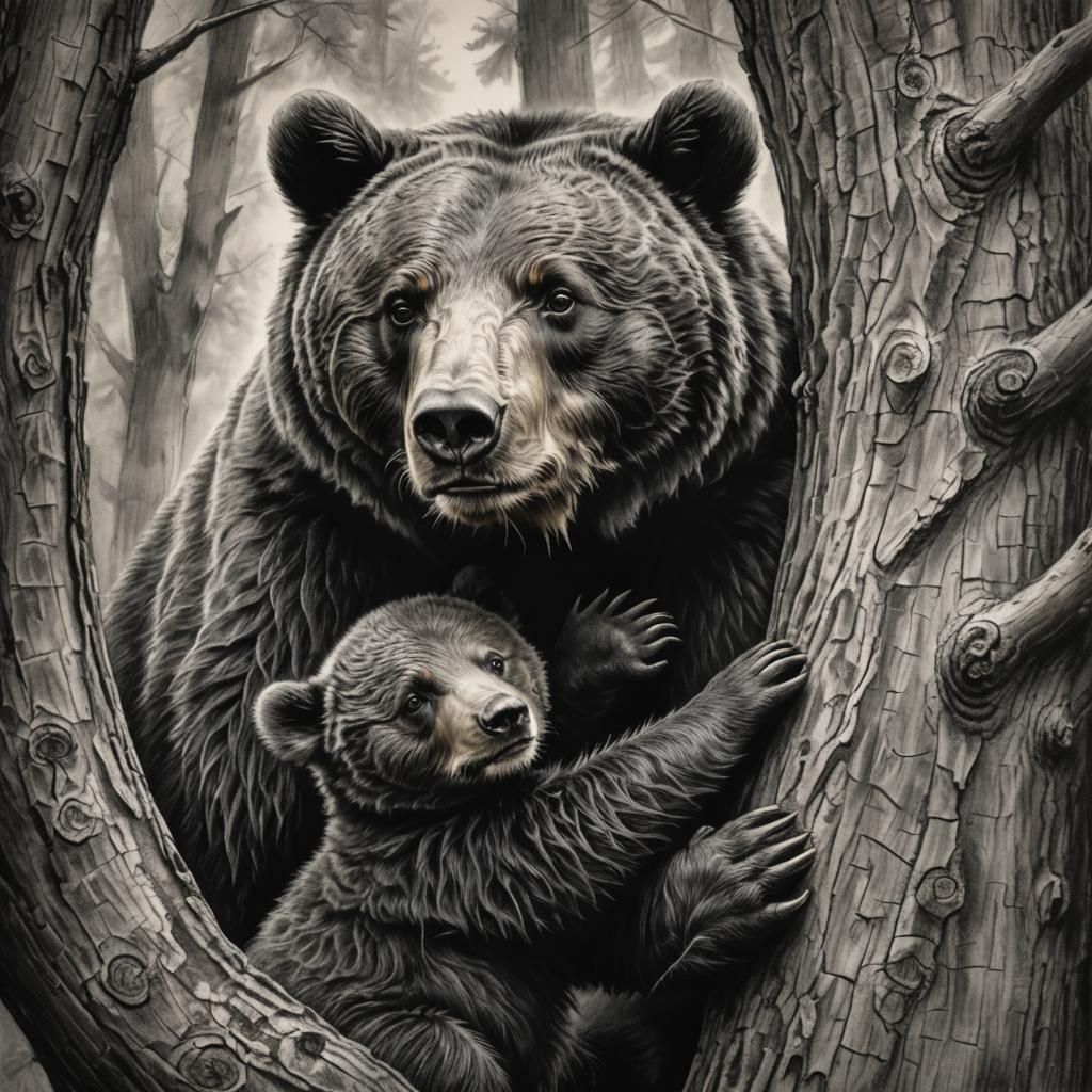 Mother Bear and Cub: Detailed Charcoal Drawing