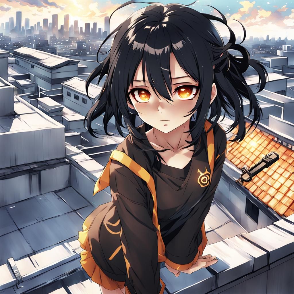 Anime-Style Girl with Amber Eyes on Rooftop