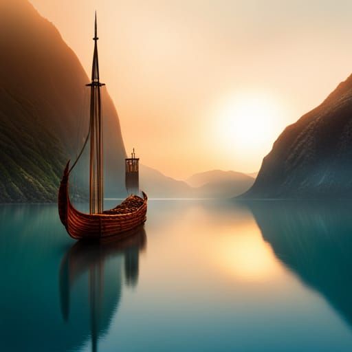 A Viking ship in a fjord at dawn