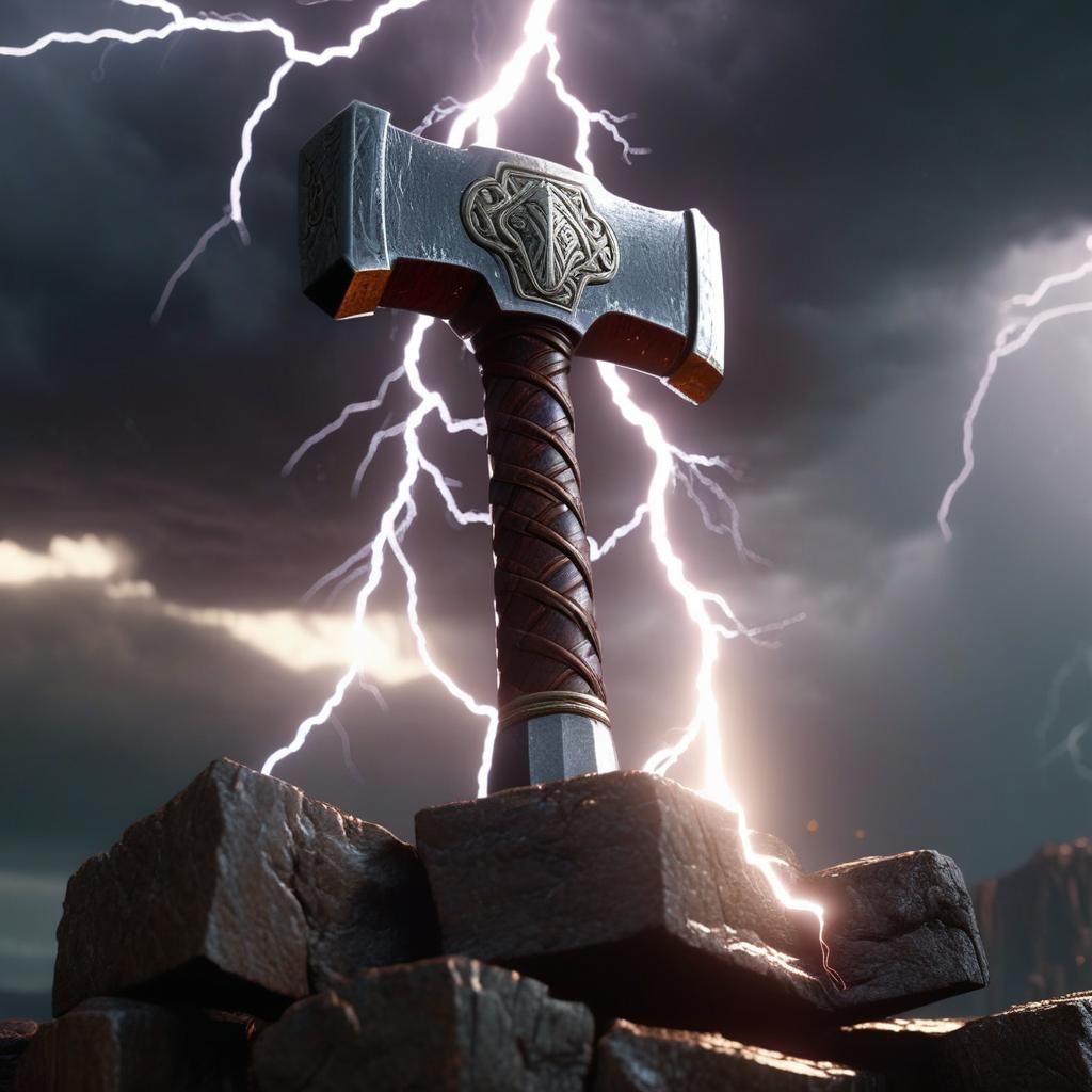 Thor's Hammer in Epic Thunderstorm, Digital Art