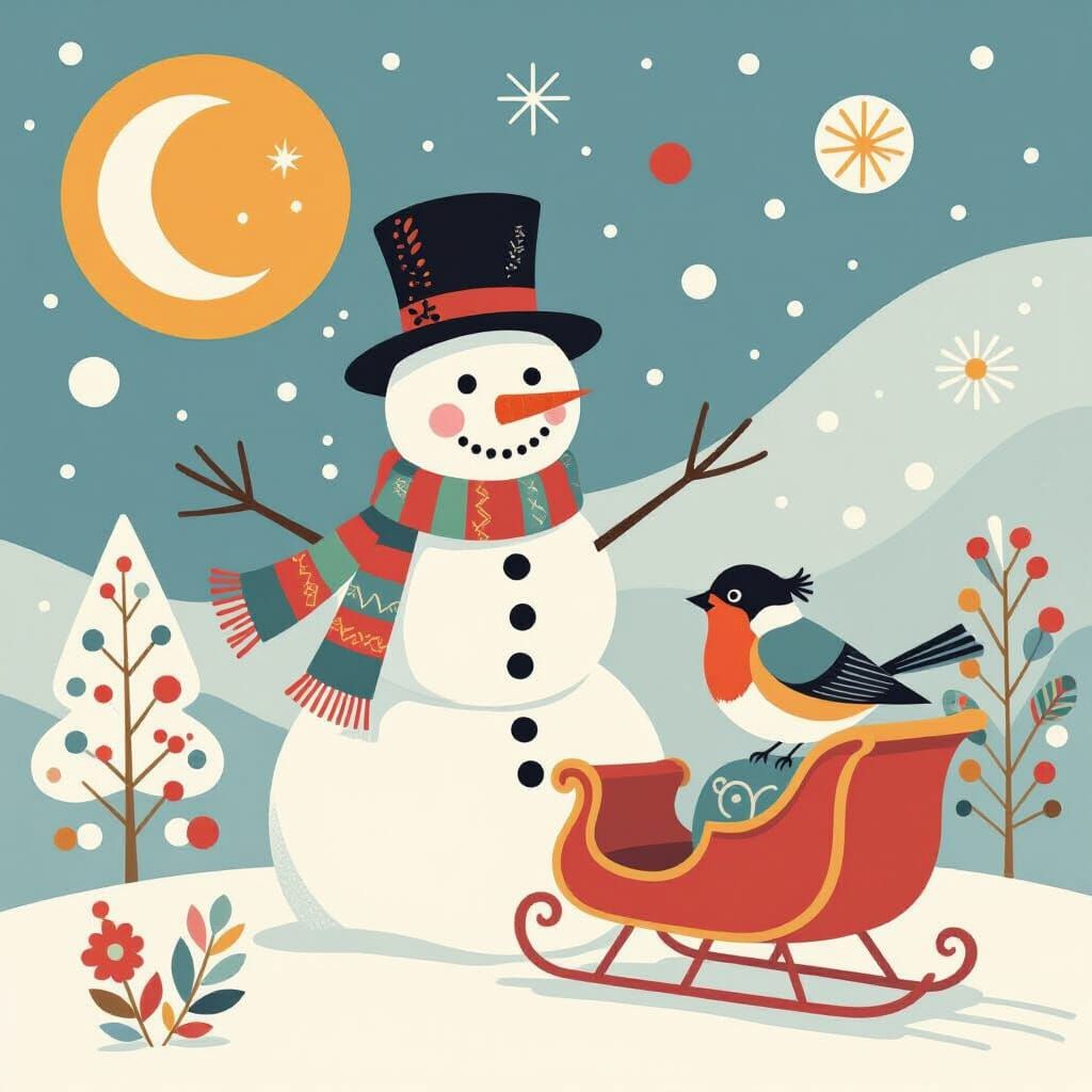 Dreamlike Snowman and Sleigh with Robin in Fluid Ink Style