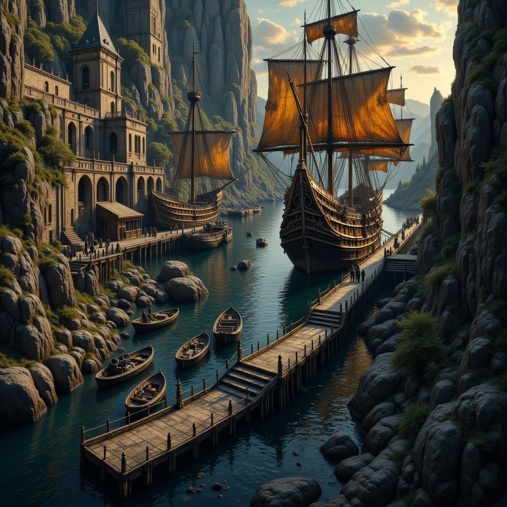 Ancient Harbor at Sunrise with Detailed Sailing Ships