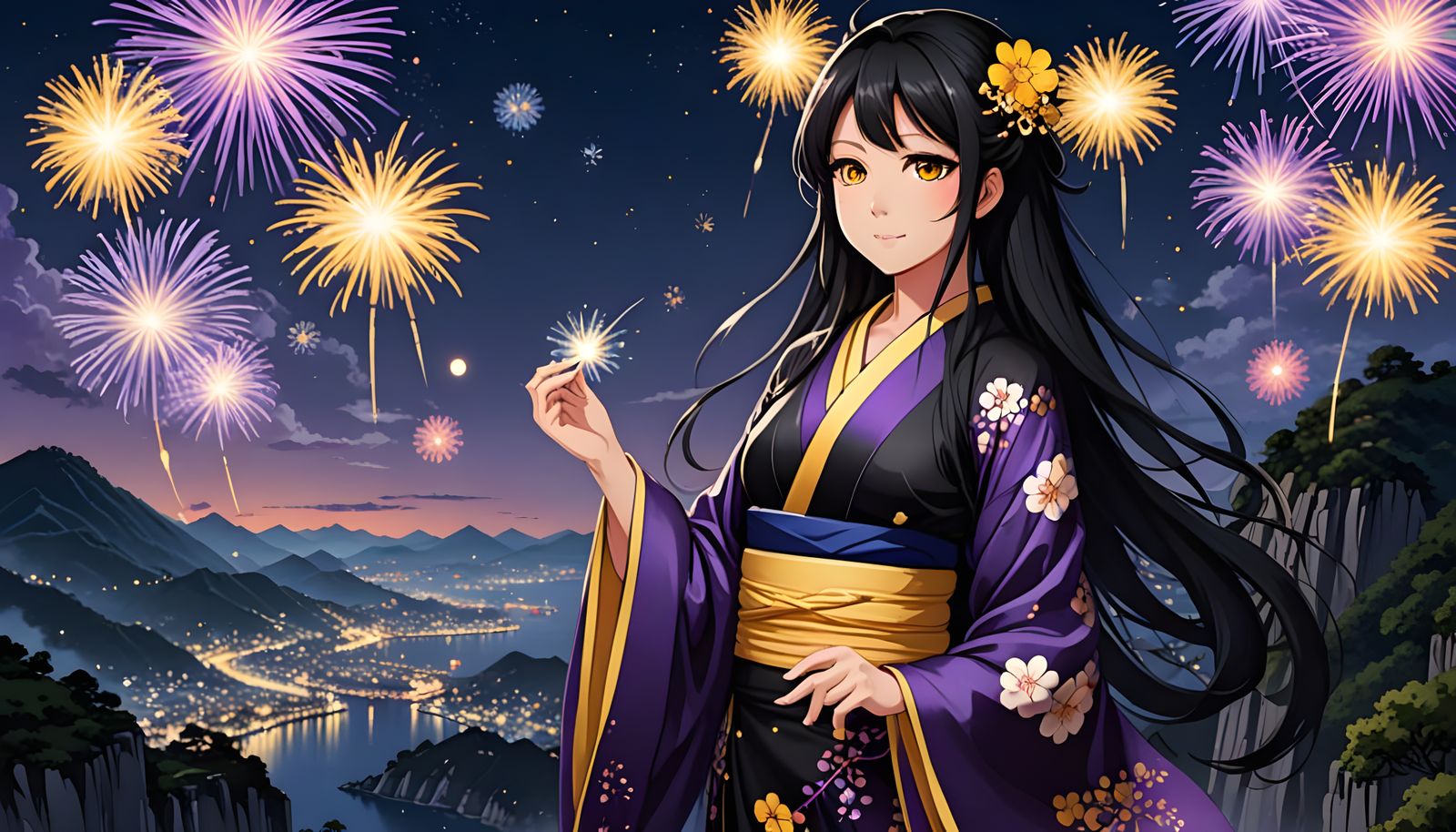 Anime Woman in Kimono with Fireworks