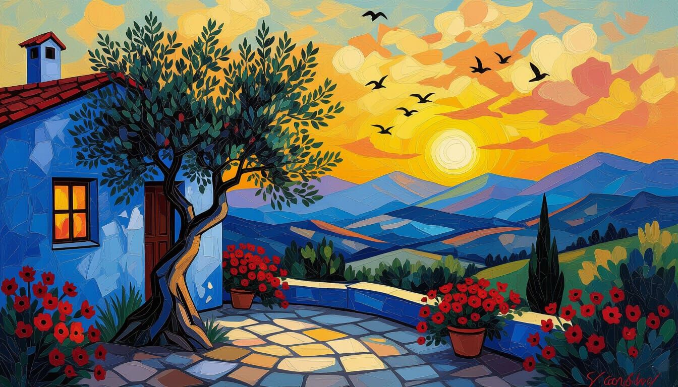 Mediterranean Cottage in Impasto Surrealism Style