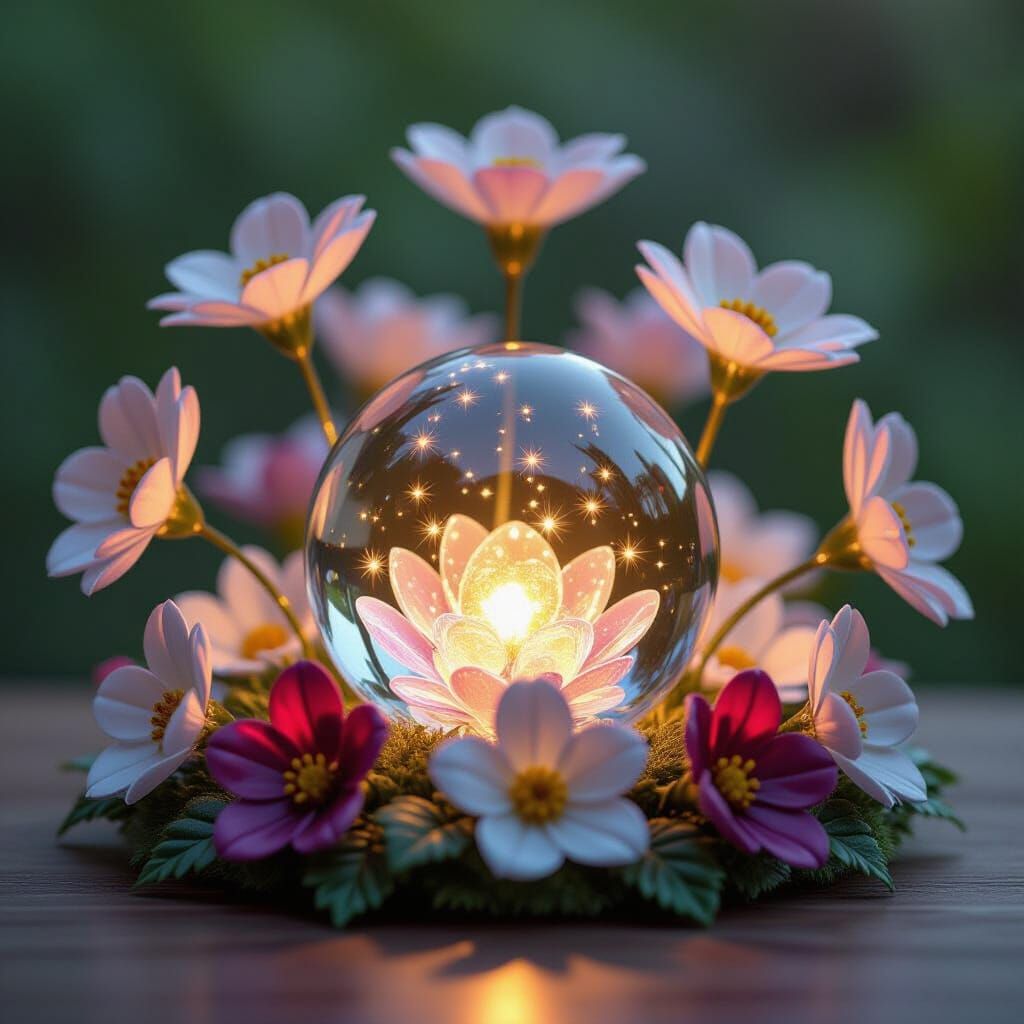 Glowing Glass Orb Amongst Beautiful Glass Flowers