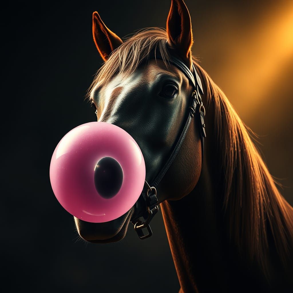 Horse Blowing Bubblegum Bubble in Hyperrealistic Style