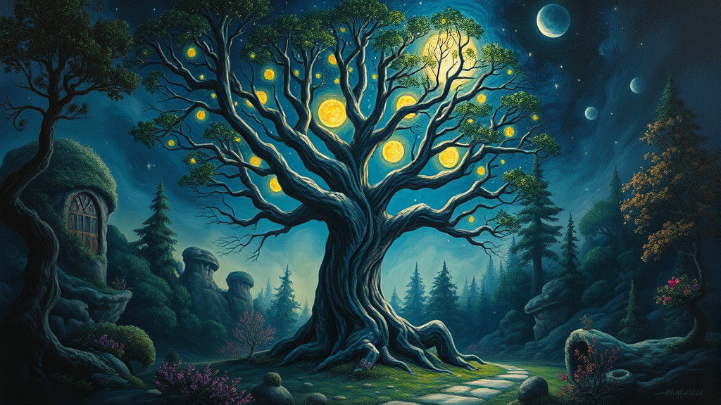 Mystical Glowing Tree in Moonlit Forest, Oil Painting