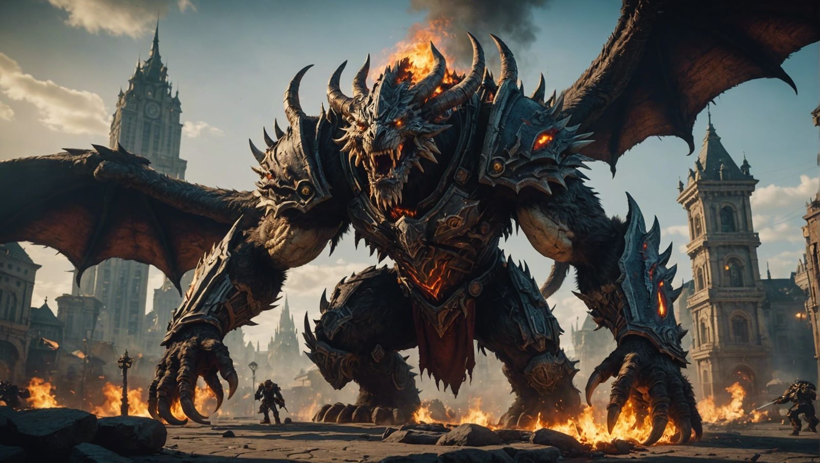 Epic Warcraft Monster Attacks City with Blazing Fire