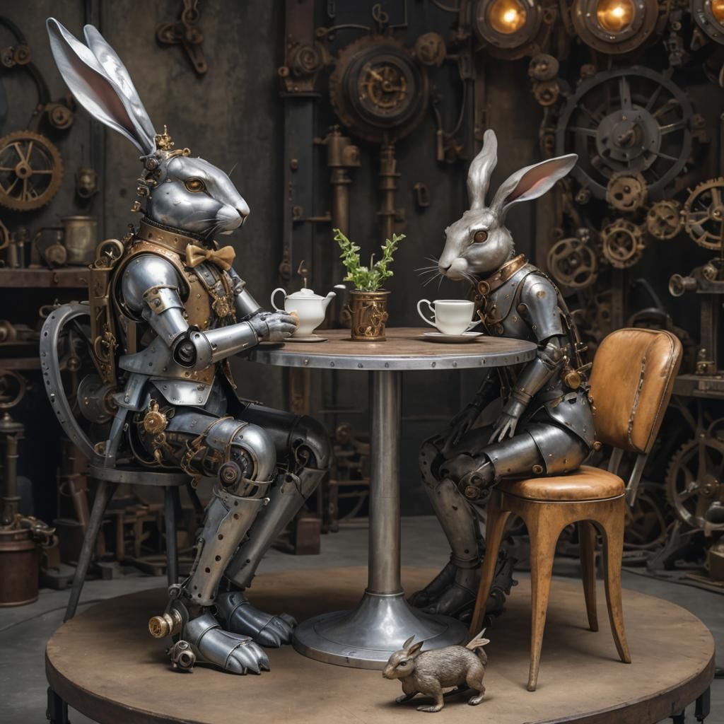 "Where is Hatter, March Hare?" "He went mad when he realized that most of us are automatons, White Rabbit."