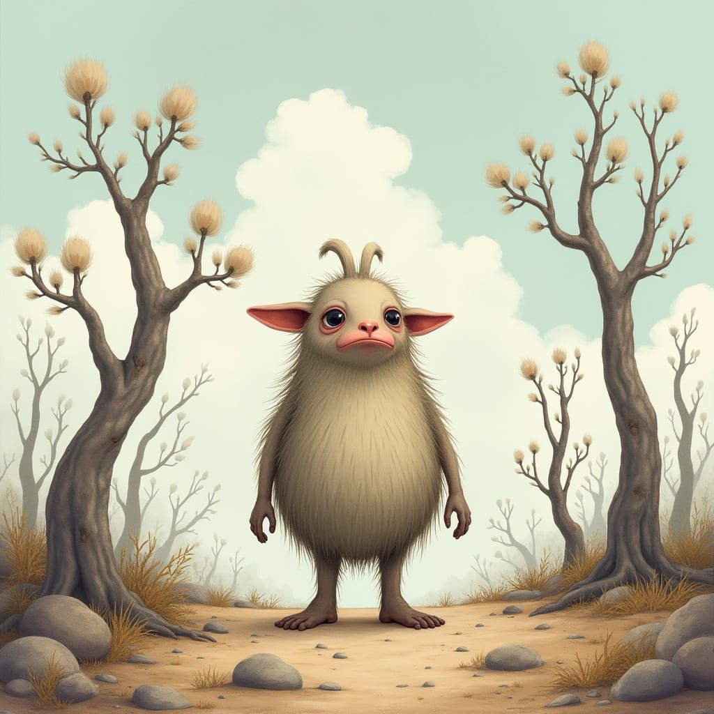 Whimsical Nordic Landscape with Mumintroll in Contemplation