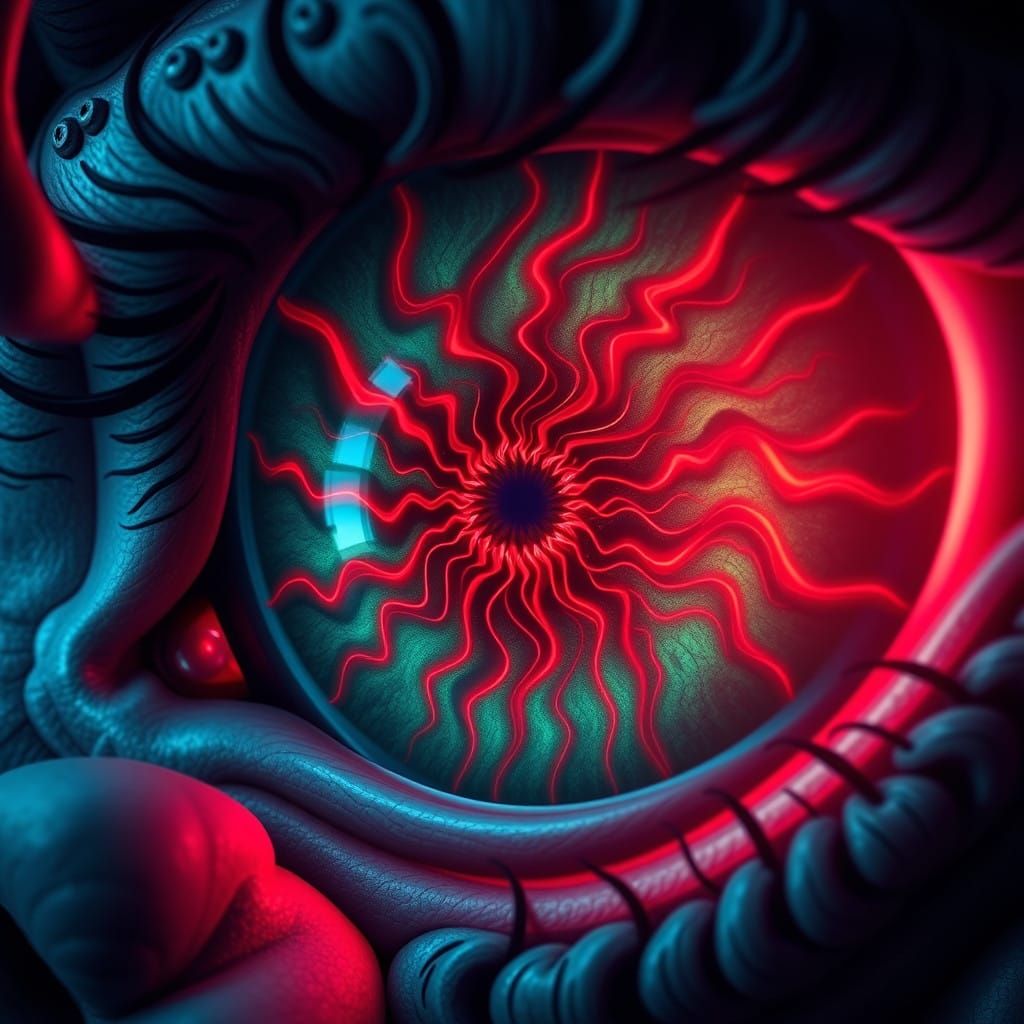 Stylized Eye with Fractal Iris in a Moody, Surreal Landscape