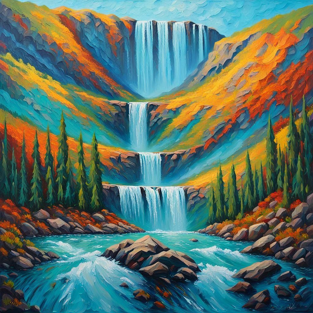 Neo-Impressionist Waterfall in Expressionist Oil Painting